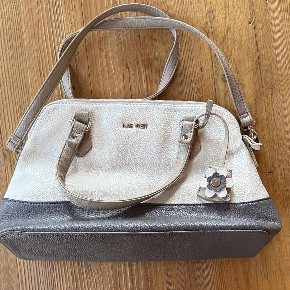 Nine West Cream and Gray Two-Tone Satchel with Floral Charm